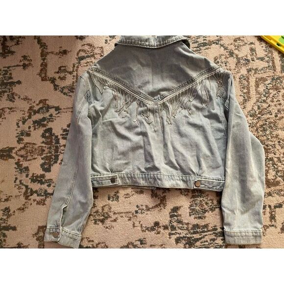 Denim Coat Jacket Women Medium Cropped Rhinestone Distressed Fringe Cowgirl - Picture 8 of 10